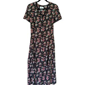 Vintage Black Floral Button-Front Midi Dress By Darian Size 14  Short Sleeve